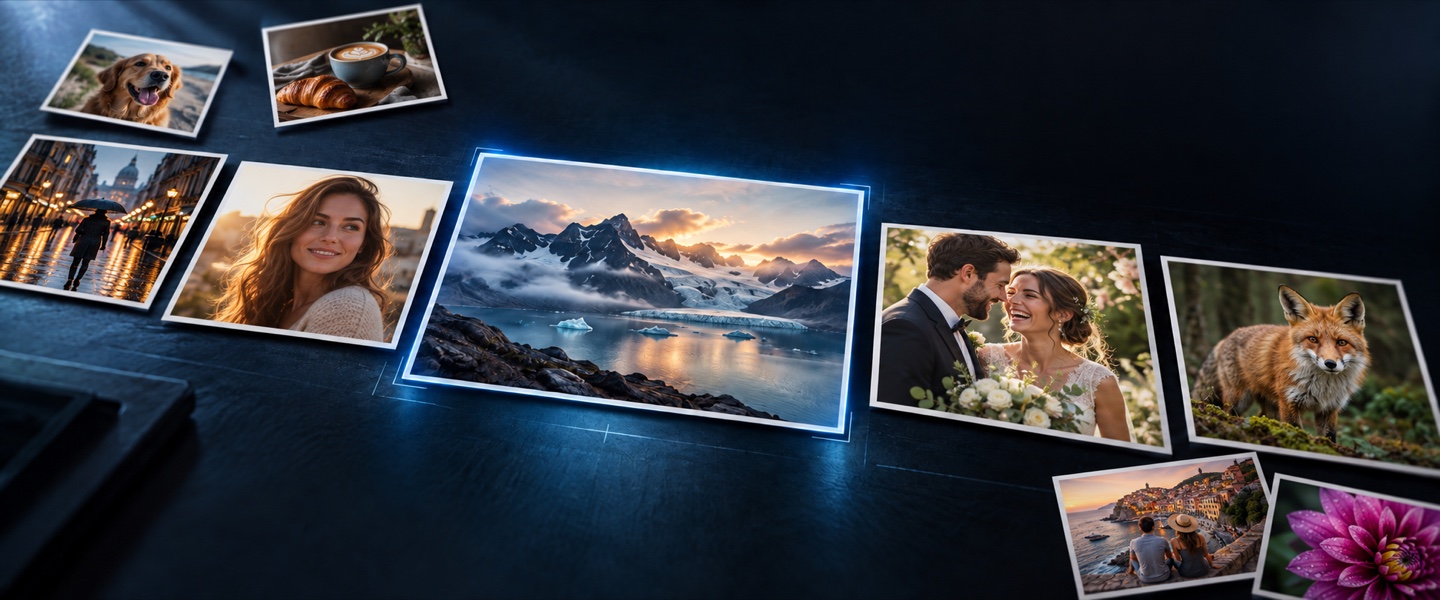 Landscape, portrait, street and wedding photographs arranged on a dark light table